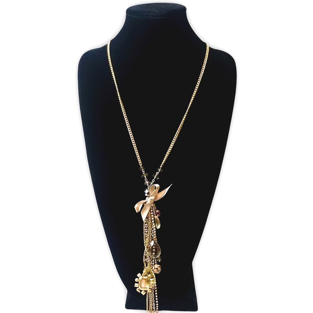 EXPRESS Gold-Tone Tassel Necklace | Rose Bow Crystals Charms | NWT